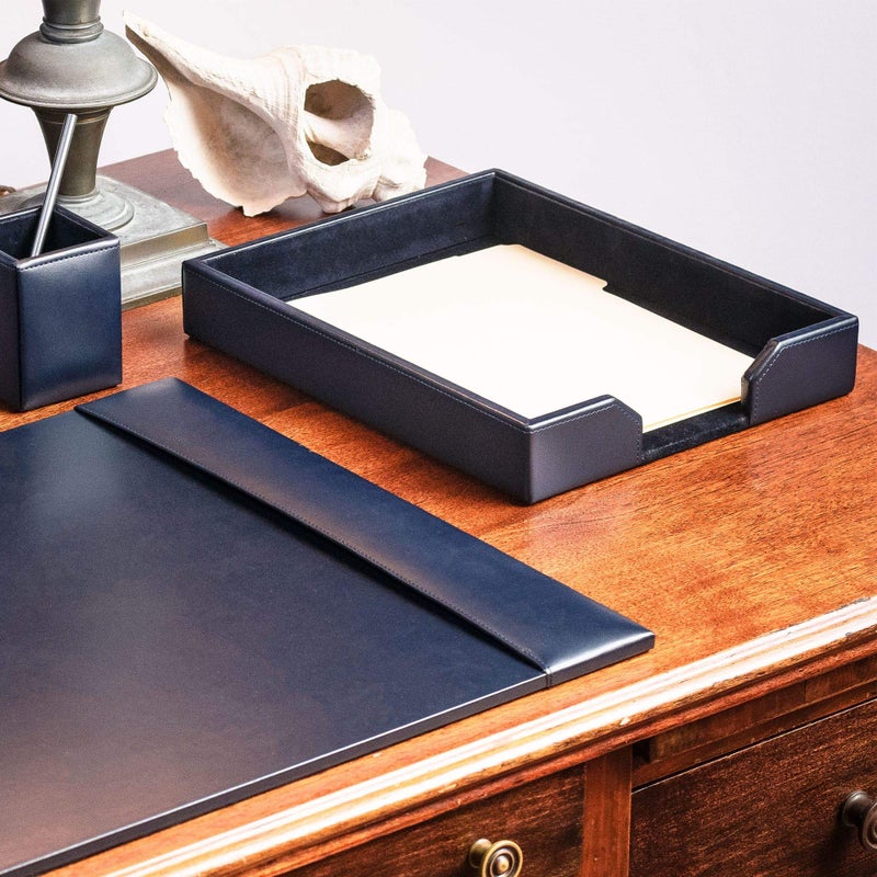 DACASSO Bonded Leather Desktop Letter Tray - Luxury Letter Holder & Paper Organizer for Desk - Office Organization & Executive Desk Decor - (Navy Blue) 13.5 x 10.5 x 2 - Image 2
